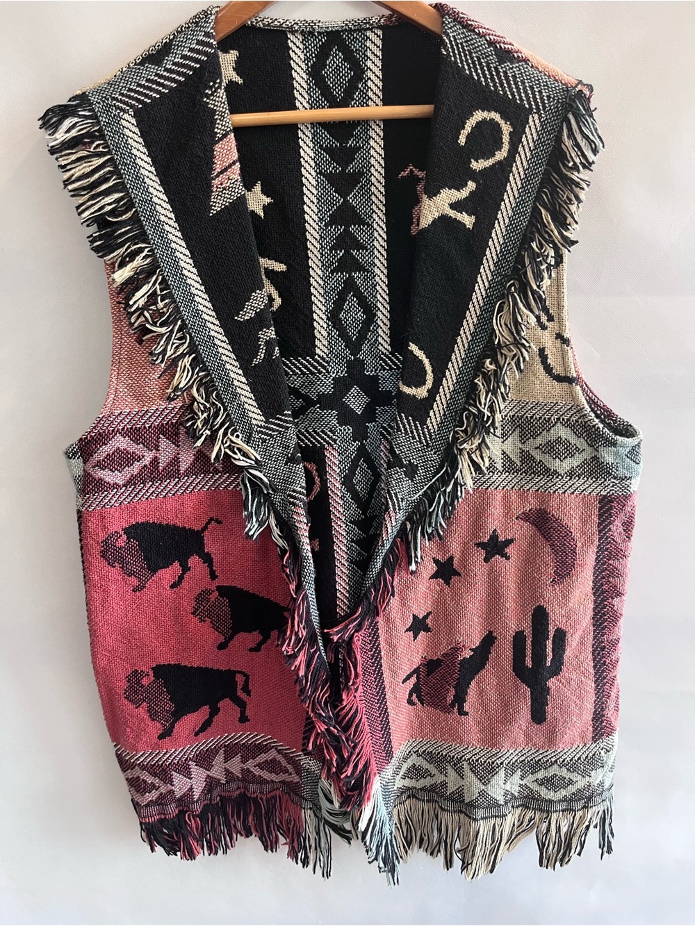 Vintage Tapestry Buffalo Horse Western Fringe Vest